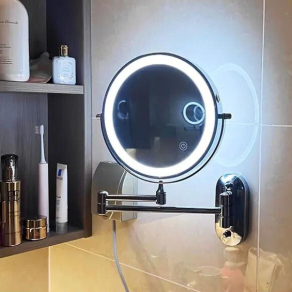 Black wall mounted LED makeup mirror with illuminated rim and adjustable arm