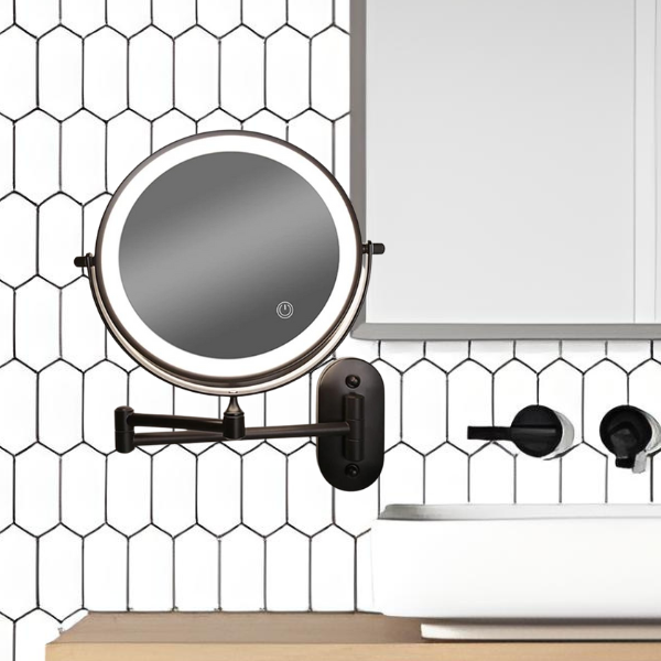 Black wall mounted LED makeup mirror with illuminated rim and adjustable arm