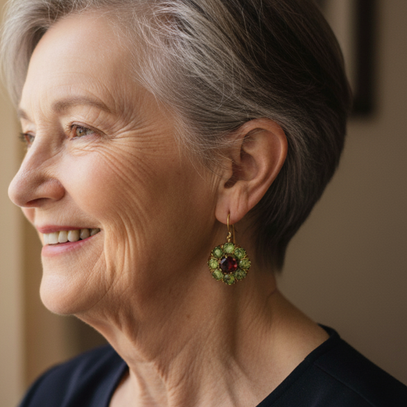 Gold-tone drop earrings with green clusters and red centre stones