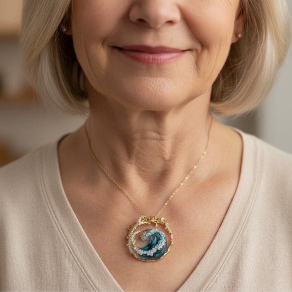 Gold-tone pendant necklace with blue ocean wave design and clear decorative stones