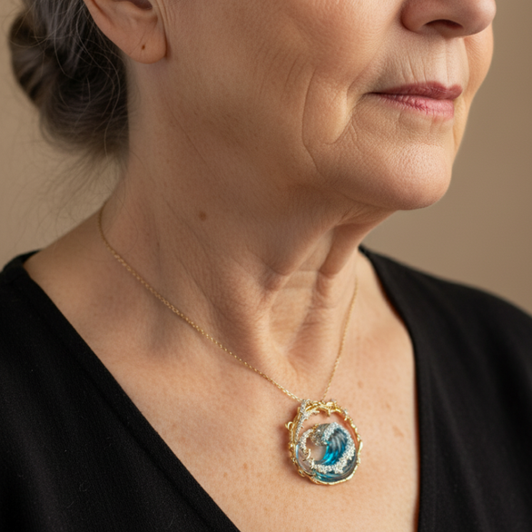 Gold-tone pendant necklace with blue ocean wave design and clear decorative stones