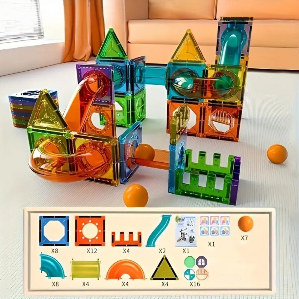 Colourful magnetic building blocks assembled into structures and vehicles