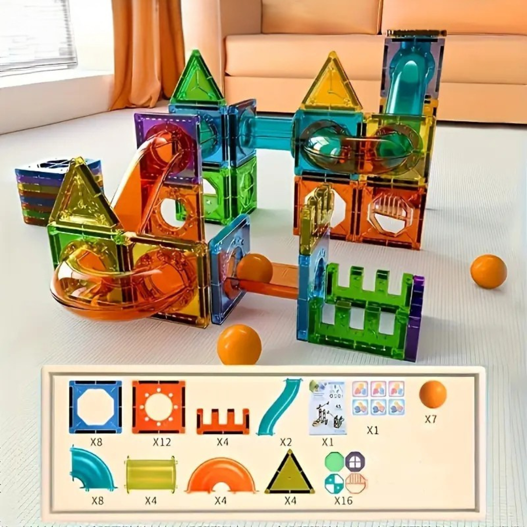 Colourful magnetic building blocks assembled into structures and vehicles