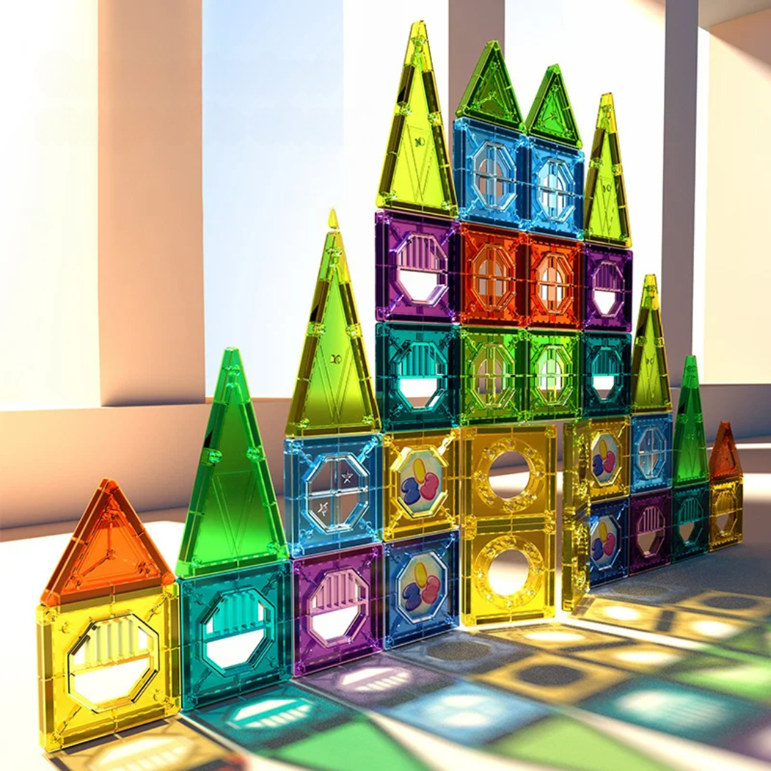 Colourful magnetic building blocks assembled into structures and vehicles