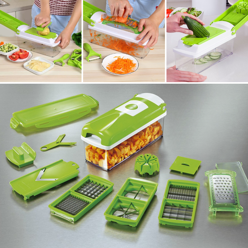 Green 12-in-1 vegetable slicer with cutting inserts and clear collection container