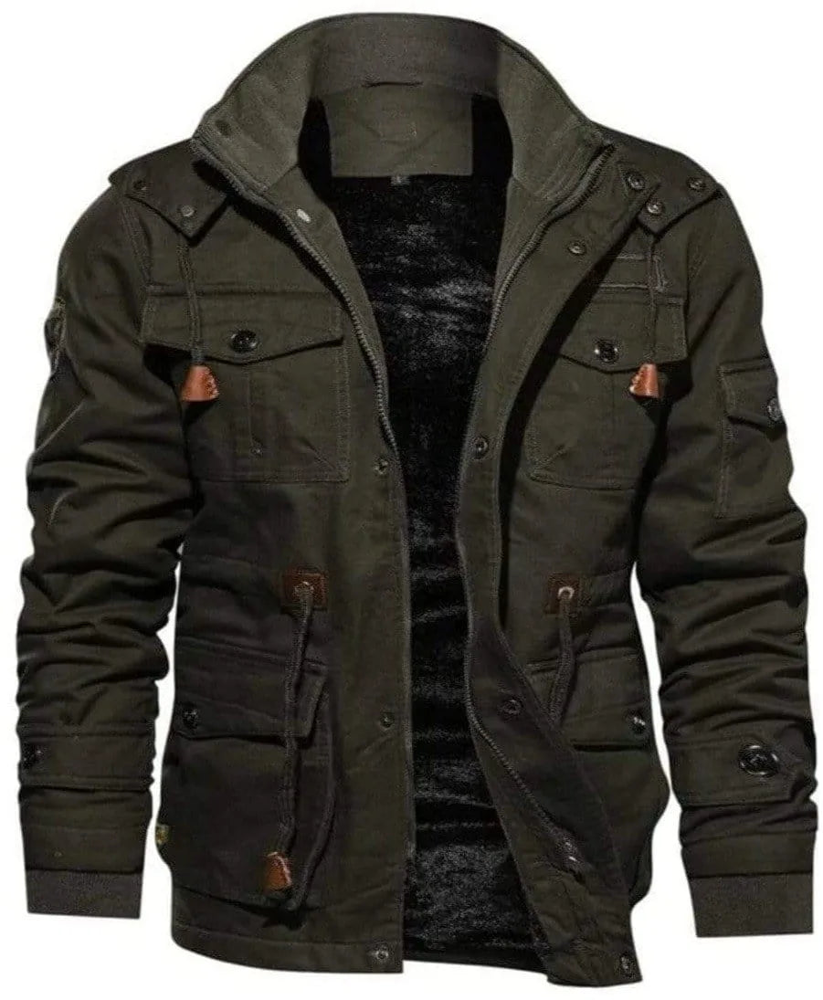 Fleece lined utility parka jacket with multiple pockets and zip front