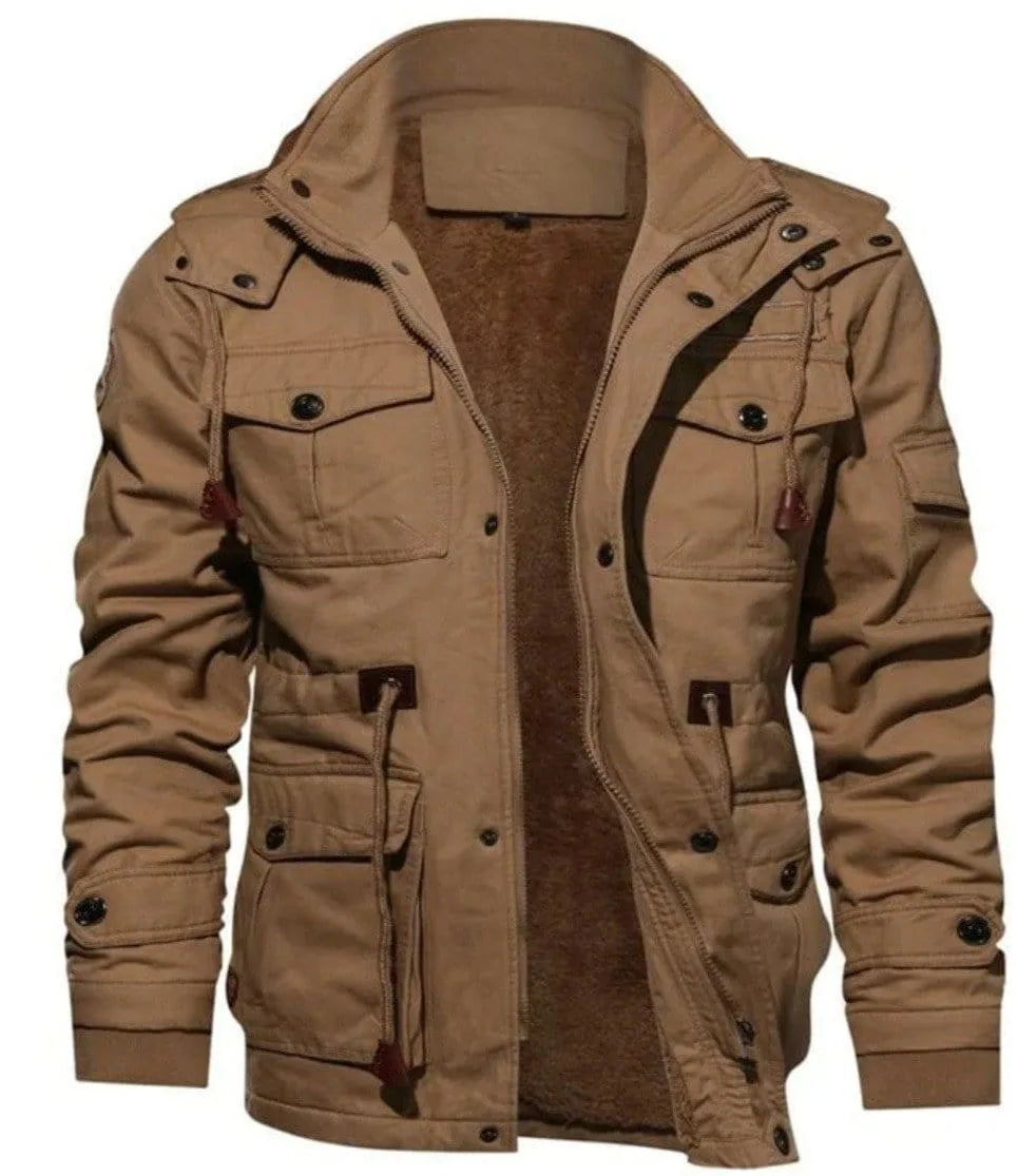 Fleece lined utility parka jacket with multiple pockets and zip front
