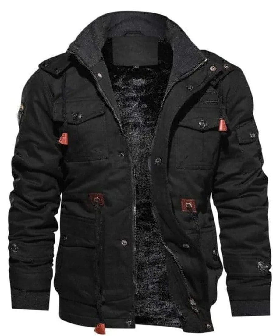 Fleece lined utility parka jacket with multiple pockets and zip front