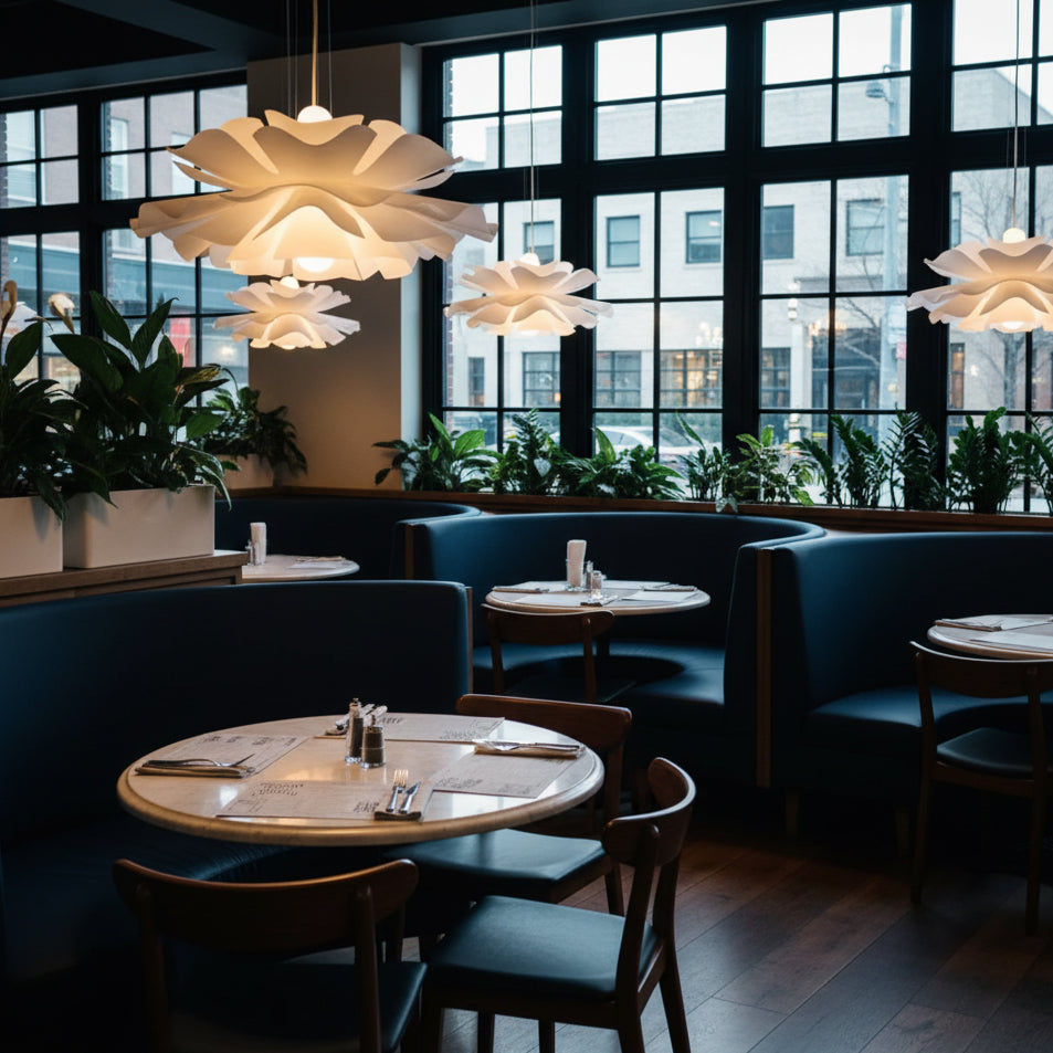 White floral pendant light with layered petal shade and hanging cord
