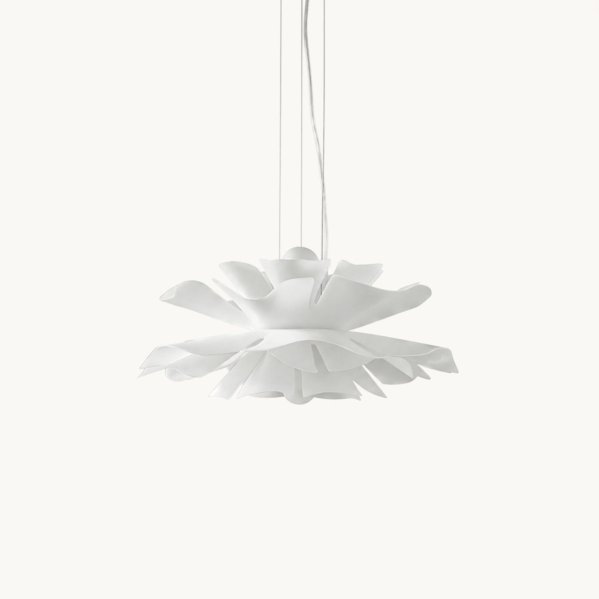 White floral pendant light with layered petal shade and hanging cord
