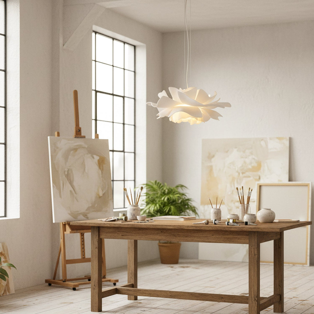 White floral pendant light with layered petal shade and hanging cord