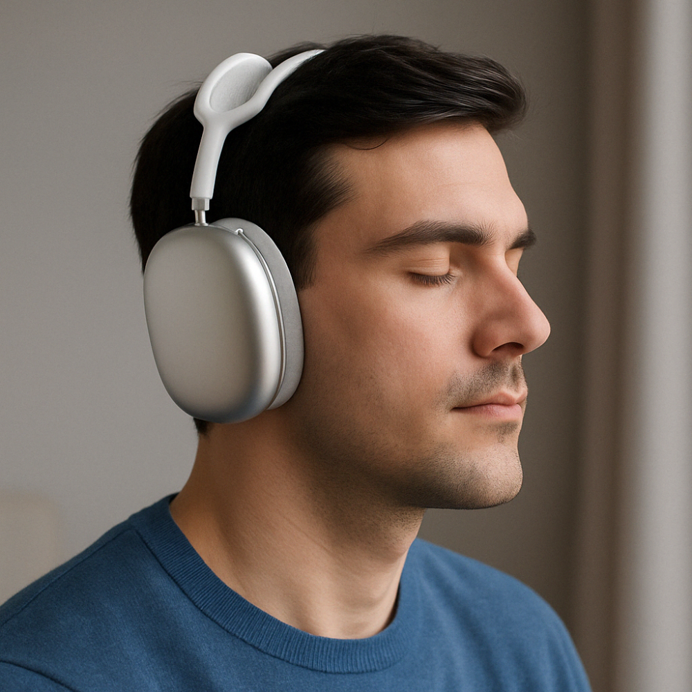 Wireless over-ear headphones with cushioned ear cups and padded headband