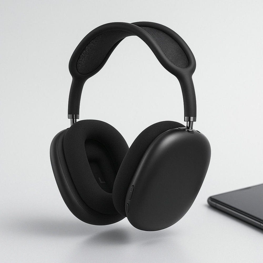Wireless over-ear headphones with cushioned ear cups and padded headband