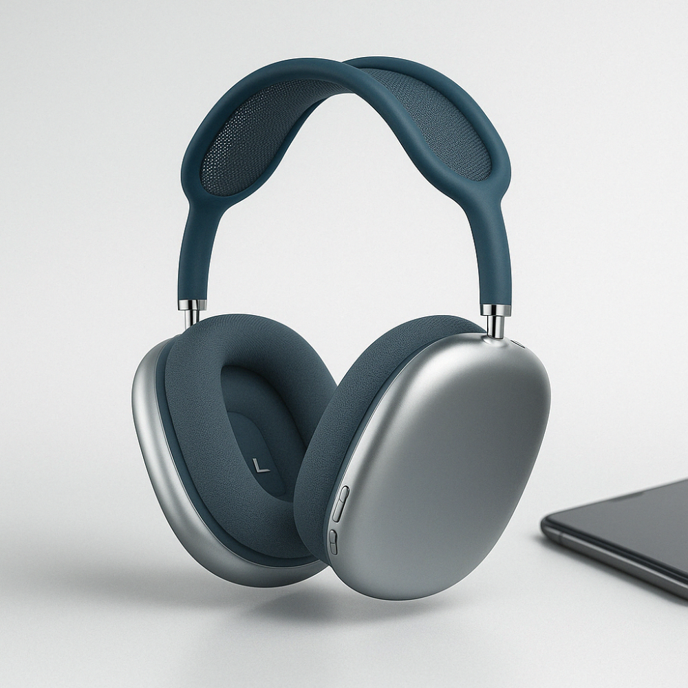 Wireless over-ear headphones with cushioned ear cups and padded headband
