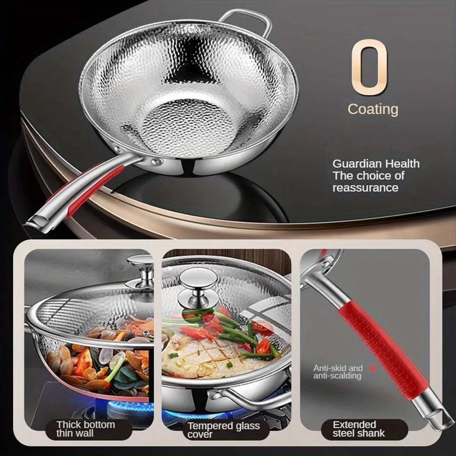 Silver 30 cm wok pan with hammered interior and two handles