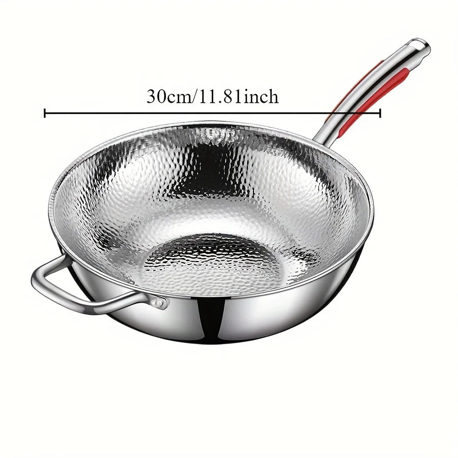 Silver 30 cm wok pan with hammered interior and two handles