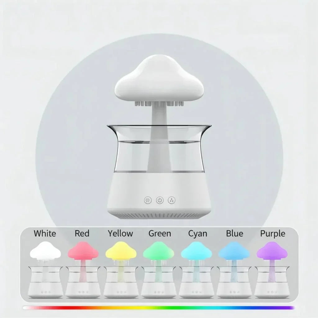 Cloud-shaped humidifier with transparent reservoir and decorative water feature