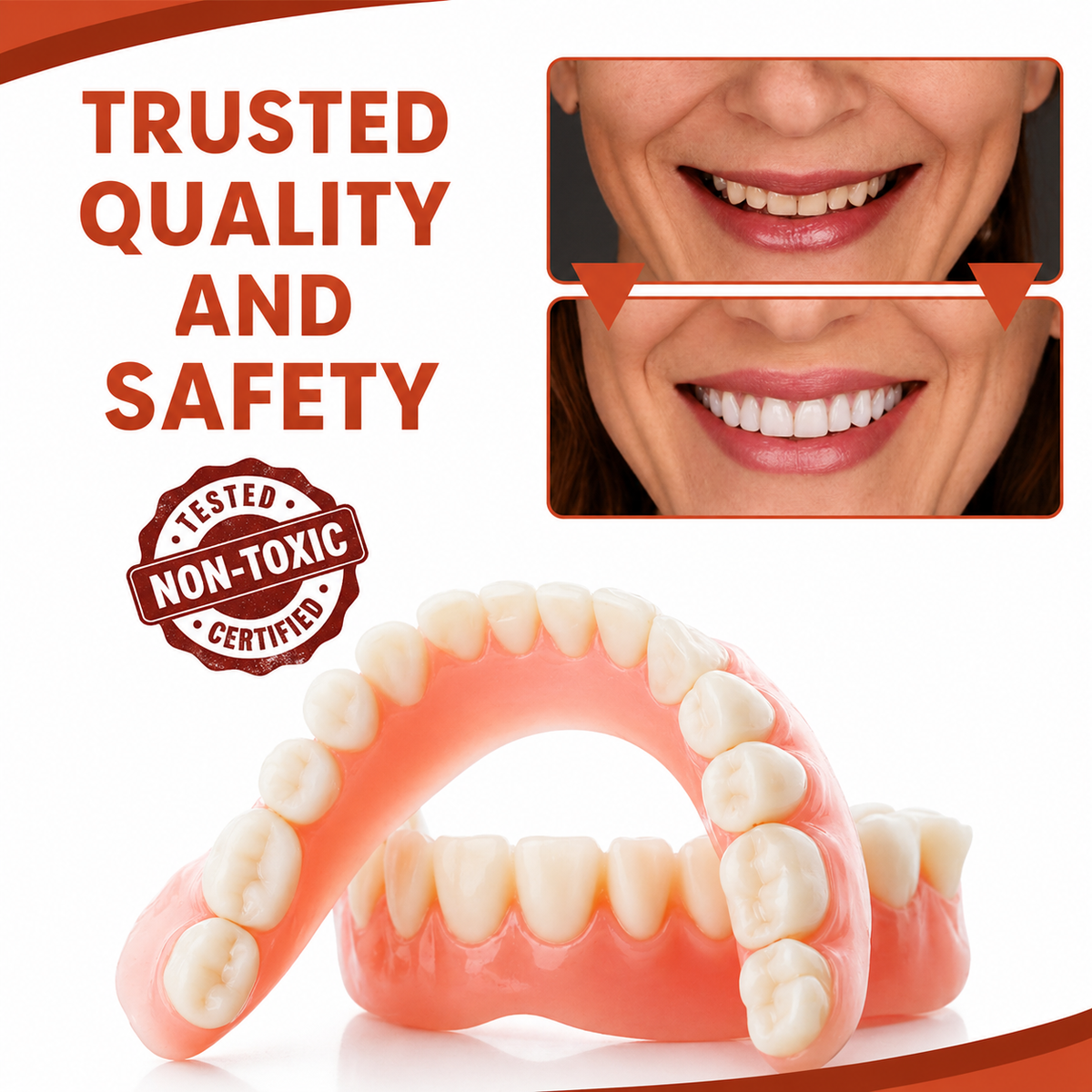Upper and lower cosmetic dental veneer pieces with white teeth and pink gum-effect bases