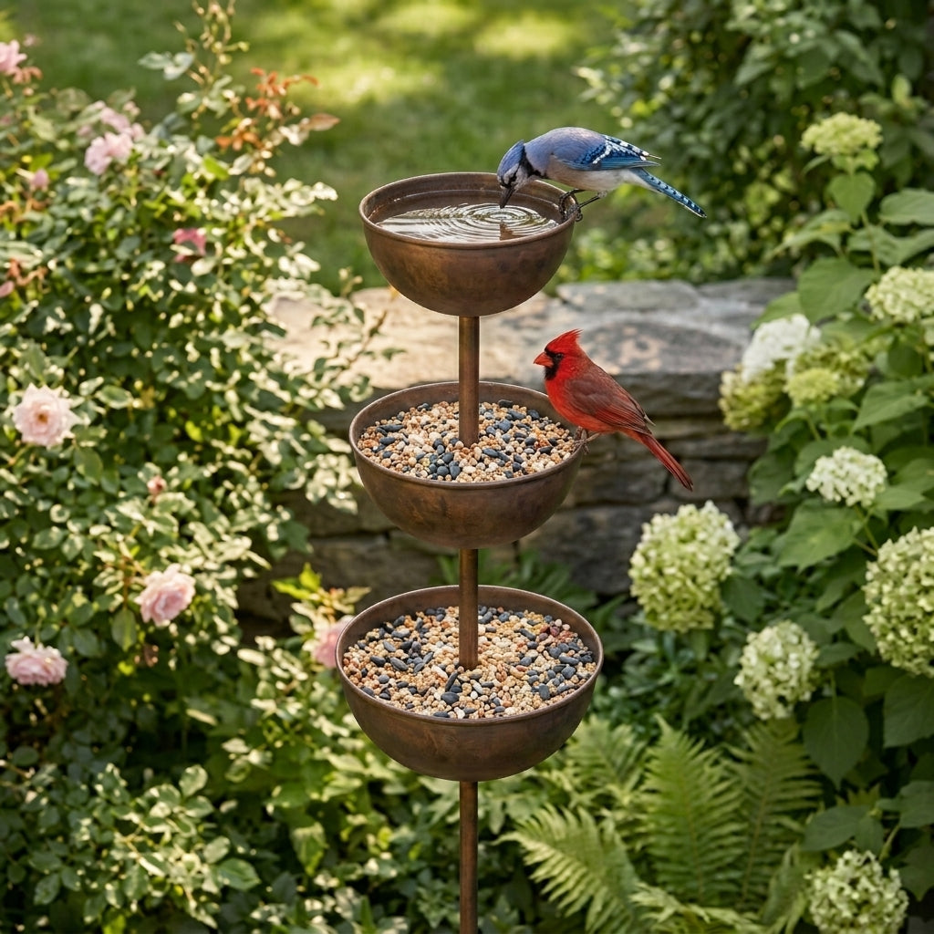 Three-tier rustic brown bird bath with stacked bowls in a garden