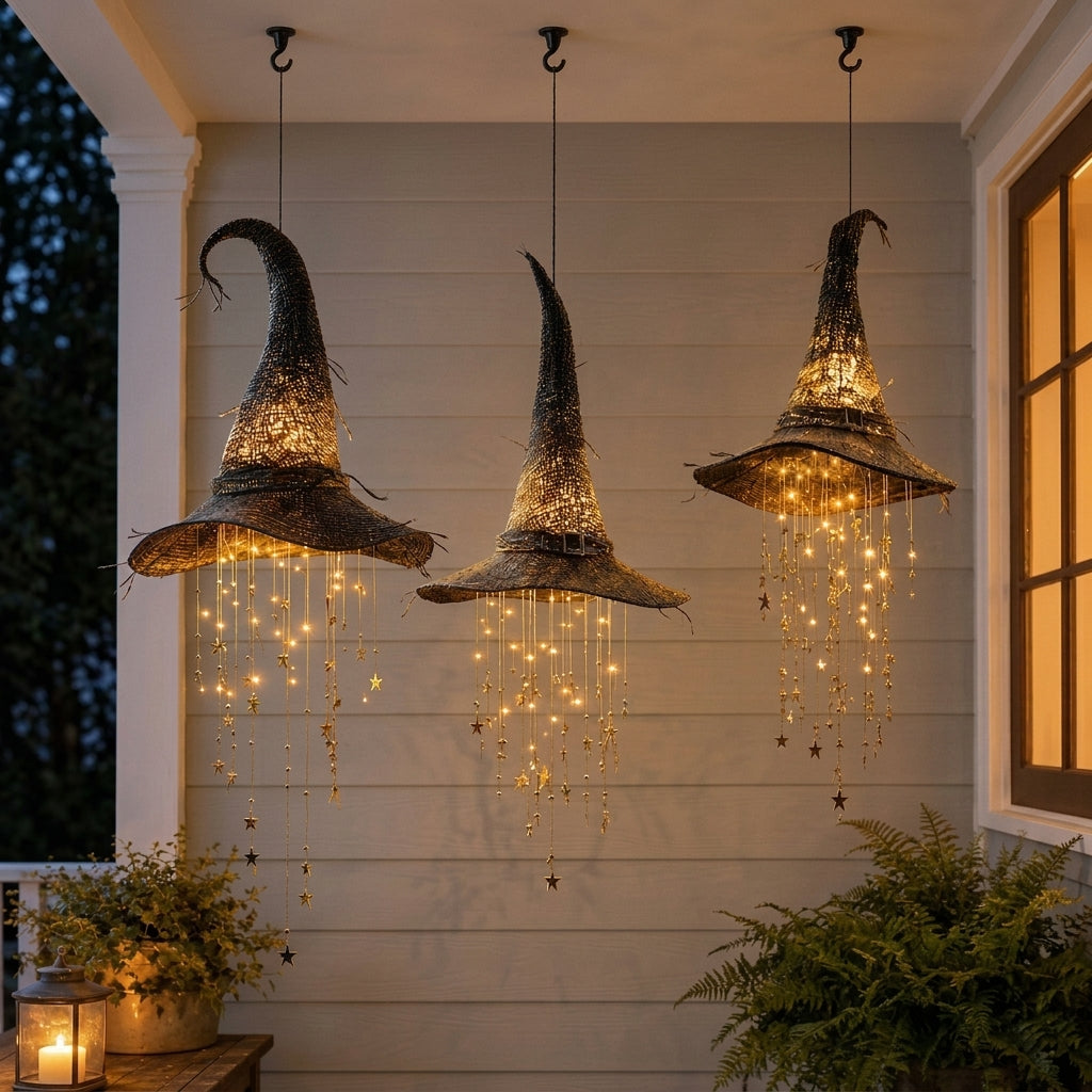 Black hanging witch hat light decoration with warm lights and star strands