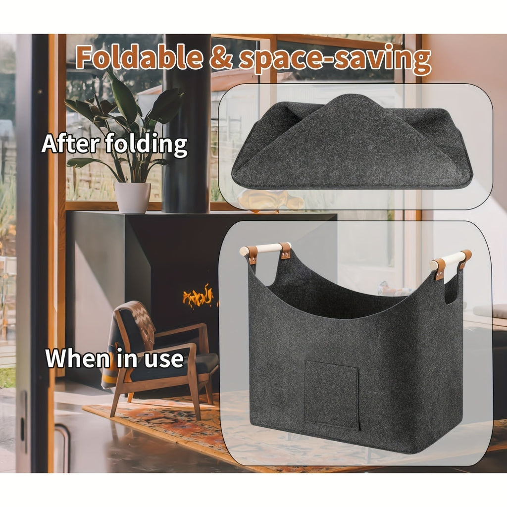 Black felt firewood basket with wooden handles and front pocket