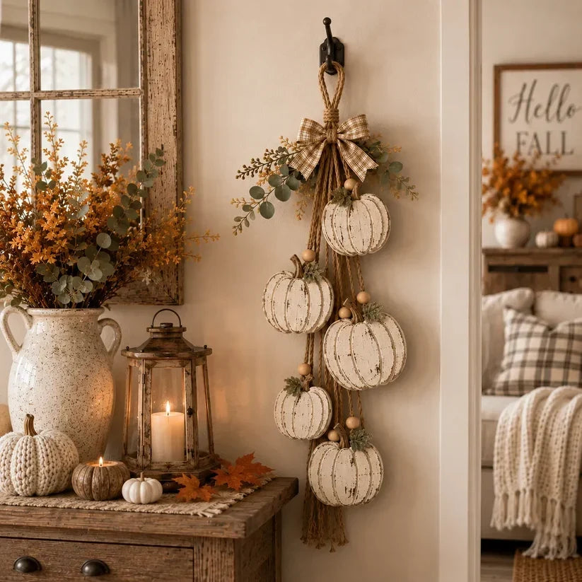 Rustic hanging wall decor with white pumpkins, foliage and checked bow