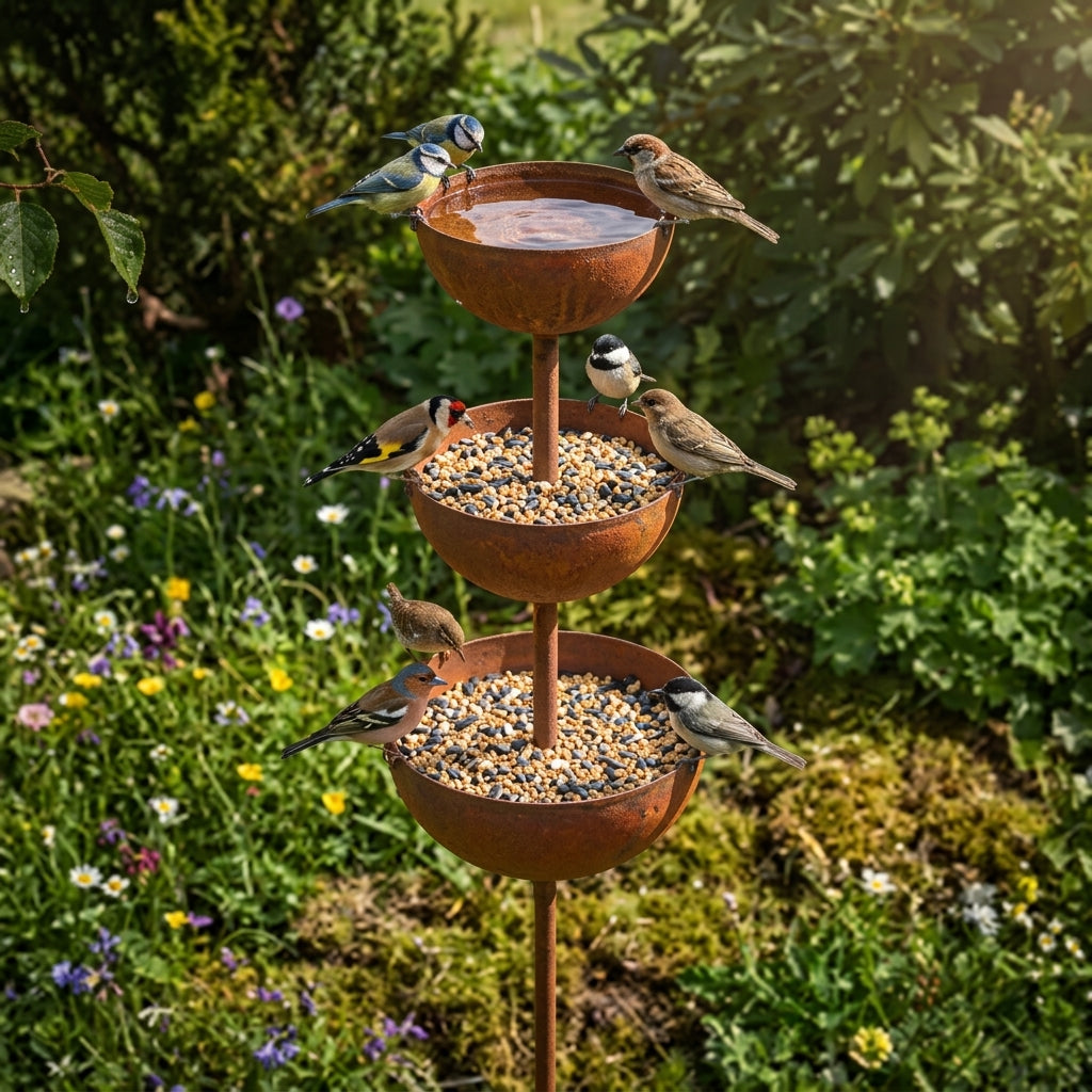 Three-tier rustic brown bird bath with stacked bowls in a garden