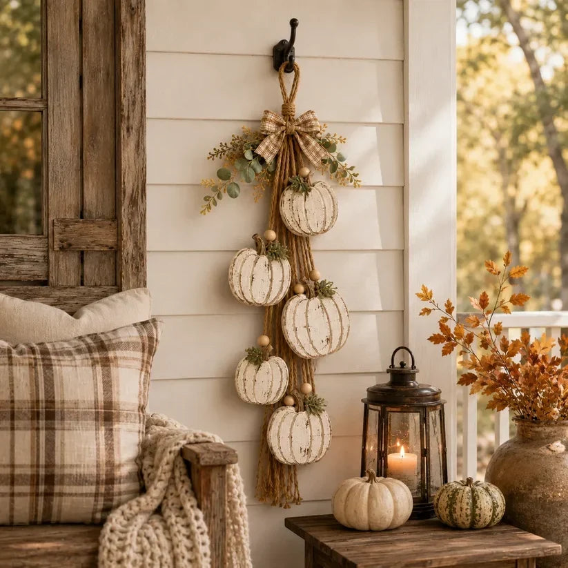 Rustic hanging wall decor with white pumpkins, foliage and checked bow