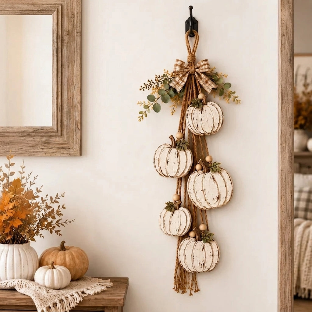 Rustic hanging wall decor with white pumpkins, foliage and checked bow