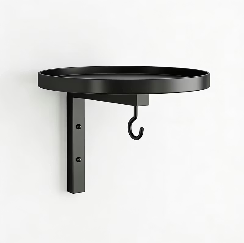 Black wall-mounted bird feeding station with water trays and hanging seed feeder
