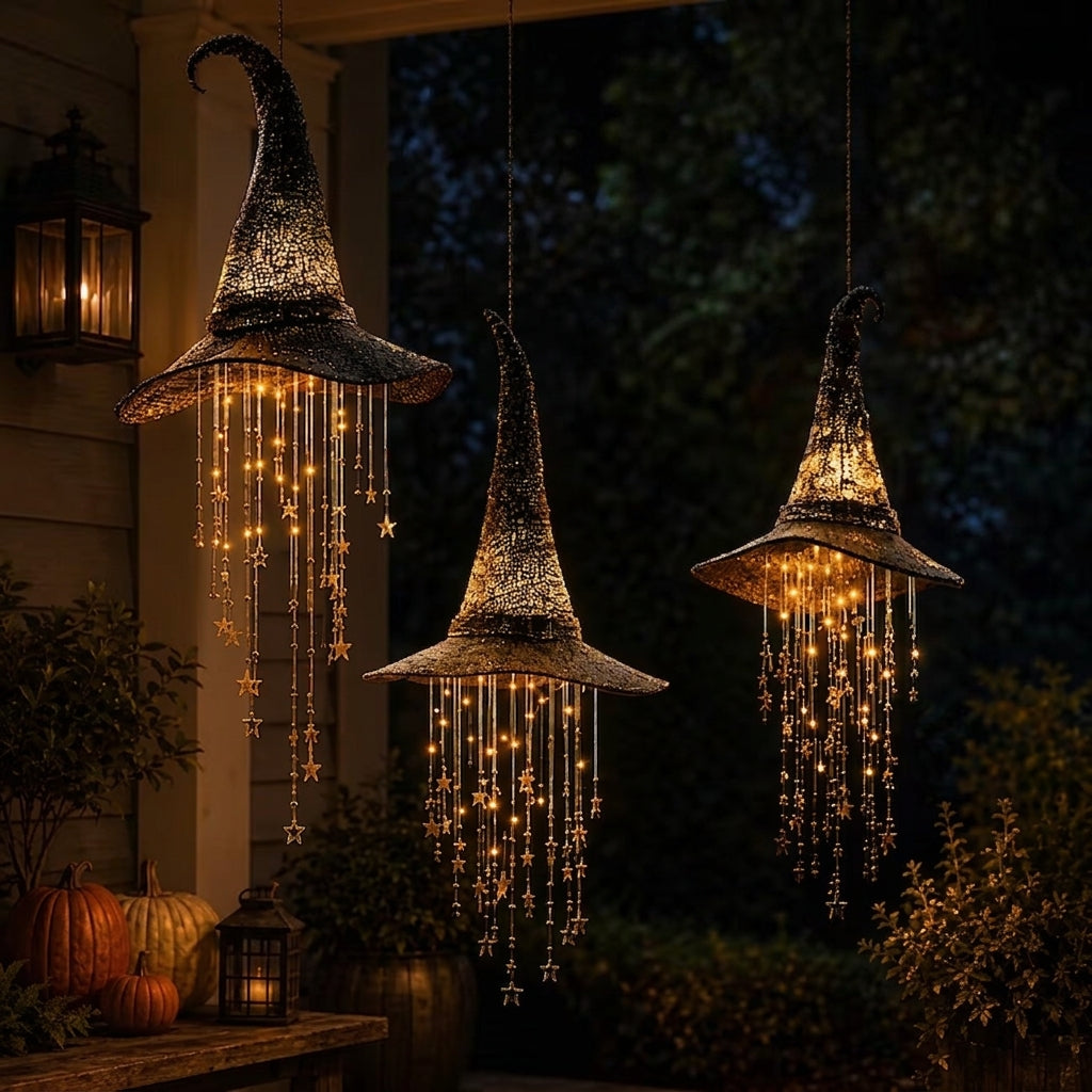 Black hanging witch hat light decoration with warm lights and star strands