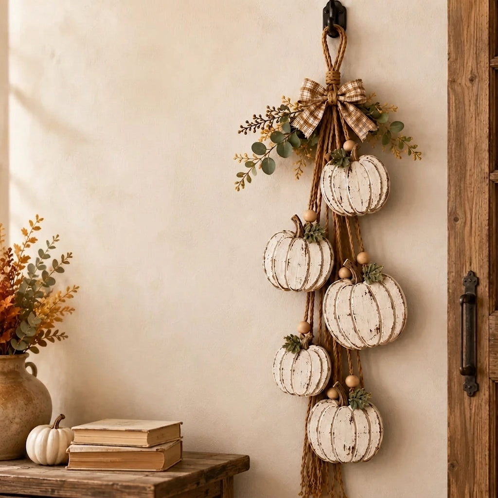 Rustic hanging wall decor with white pumpkins, foliage and checked bow