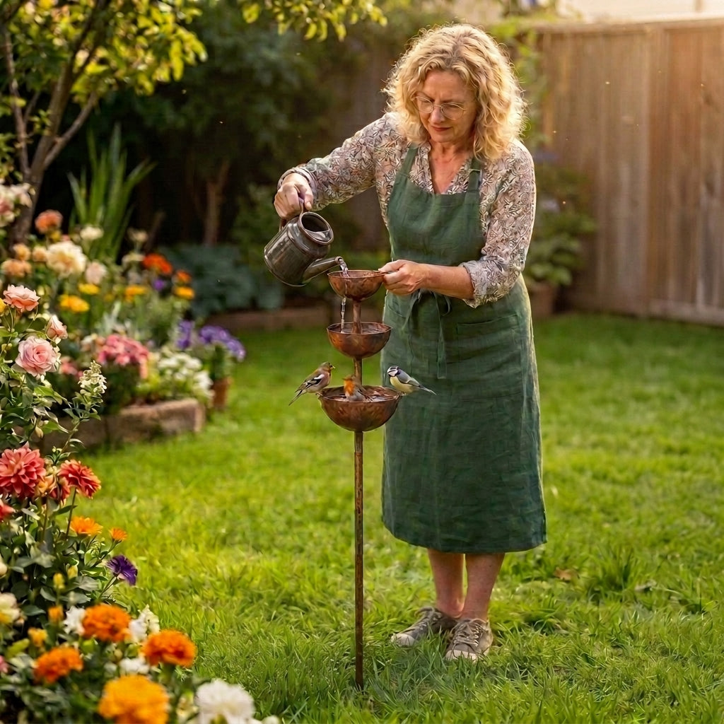 Three-tier rustic brown bird bath with stacked bowls in a garden
