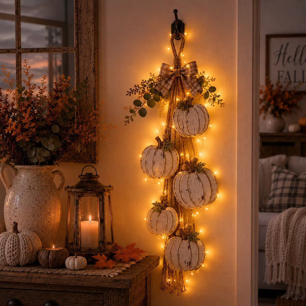 Rustic hanging wall decor with white pumpkins, foliage and checked bow