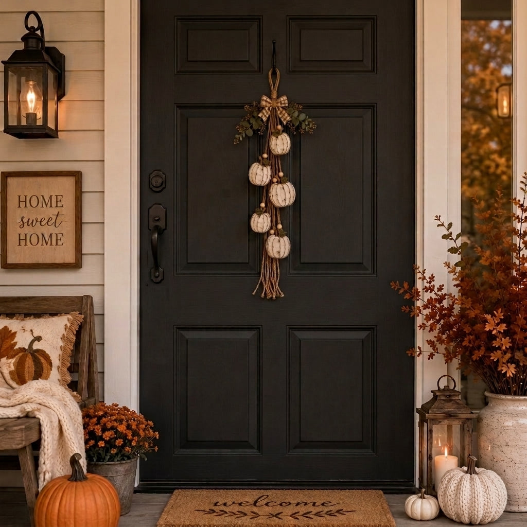 Rustic hanging wall decor with white pumpkins, foliage and checked bow