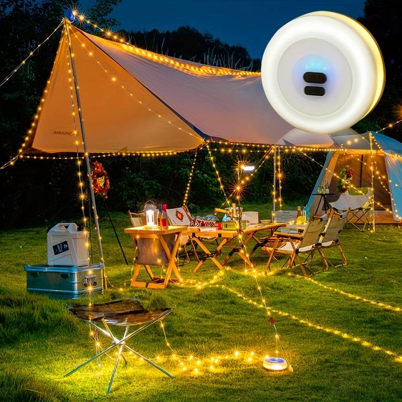 Warm white LED string lights arranged around a garden path and decorative display