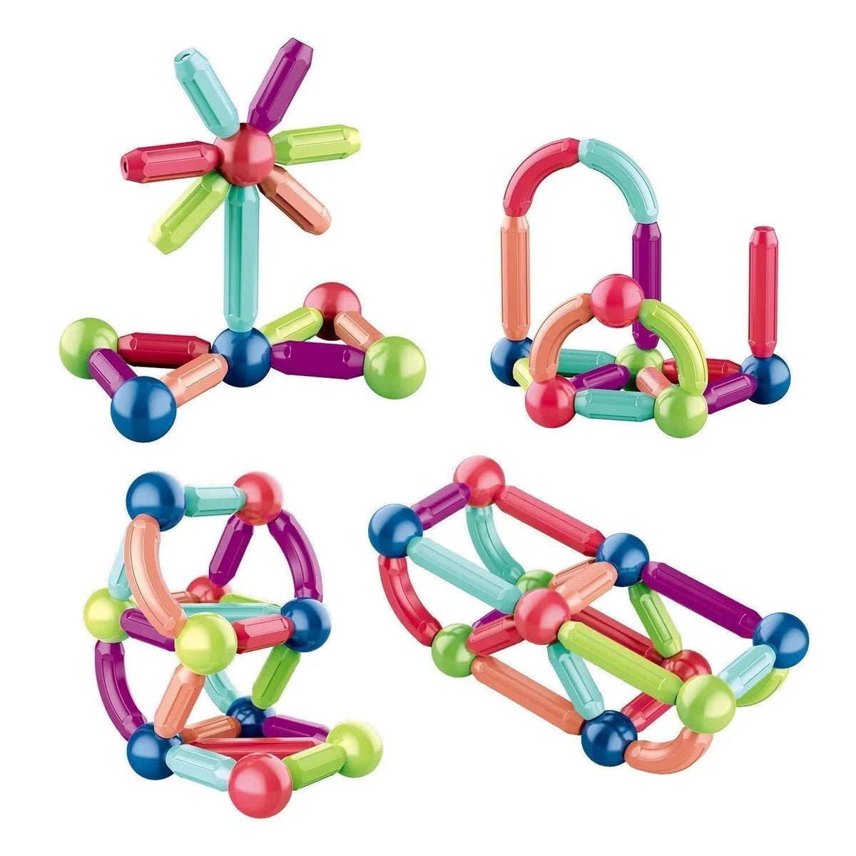 Colourful magnetic building blocks with connecting pieces and storage box