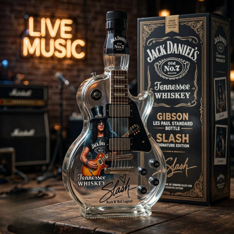 Guitar-shaped amber-toned decorative decanter with rock design and black display base