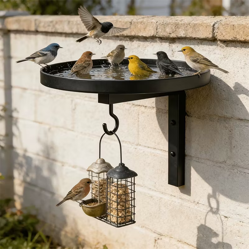 Black wall-mounted bird feeding station with water trays and hanging seed feeder