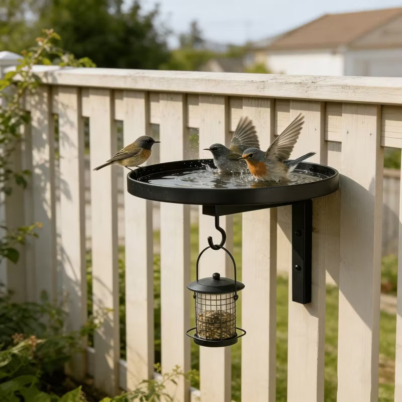 Black wall-mounted bird feeding station with water trays and hanging seed feeder