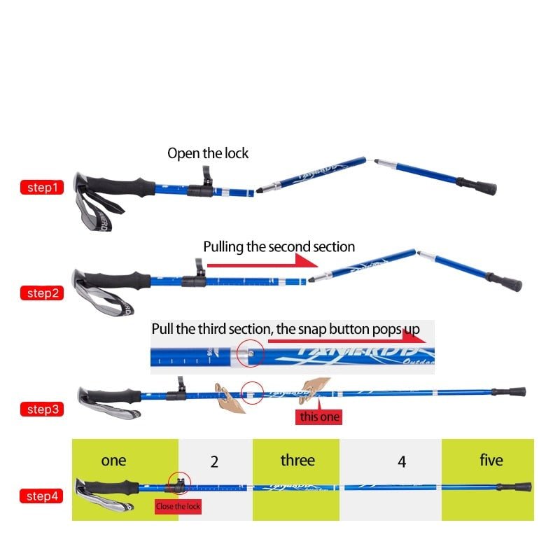 Foldable adjustable trekking poles with ergonomic handles and wrist straps