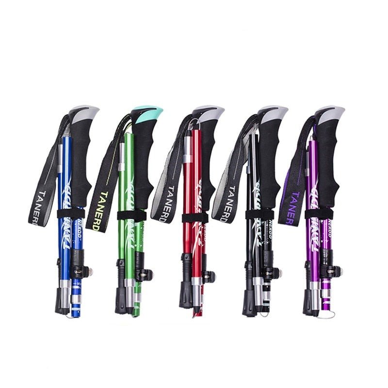 Foldable adjustable trekking poles with ergonomic handles and wrist straps