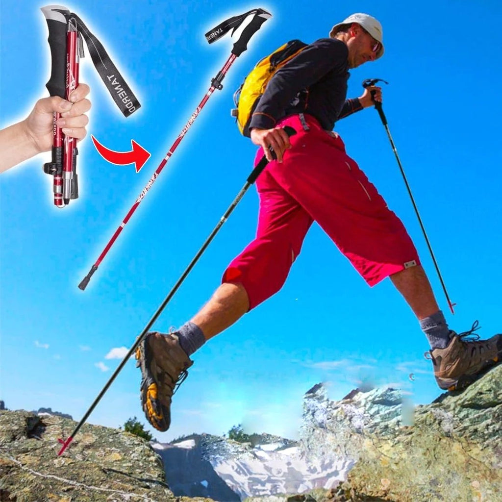 Foldable adjustable trekking poles with ergonomic handles and wrist straps