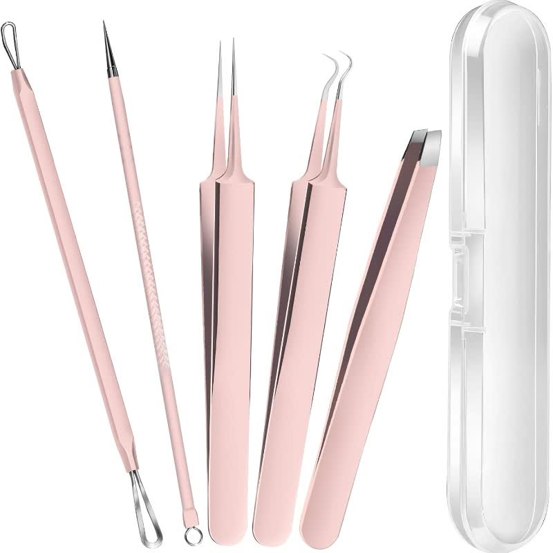 Pink precision eyebrow and eyelash beauty tools with clear storage case