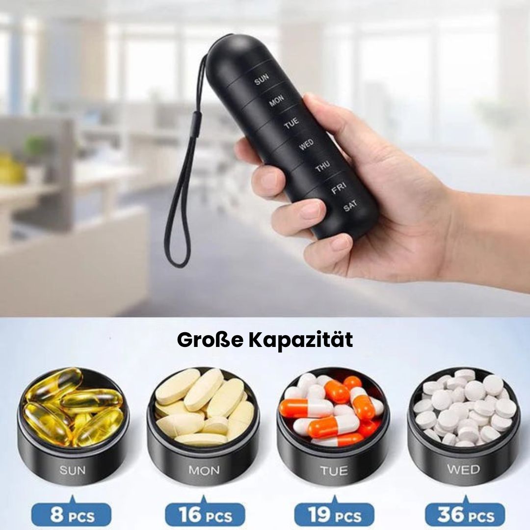 Seven-compartment aluminium pill box with daily labels and carry cord
