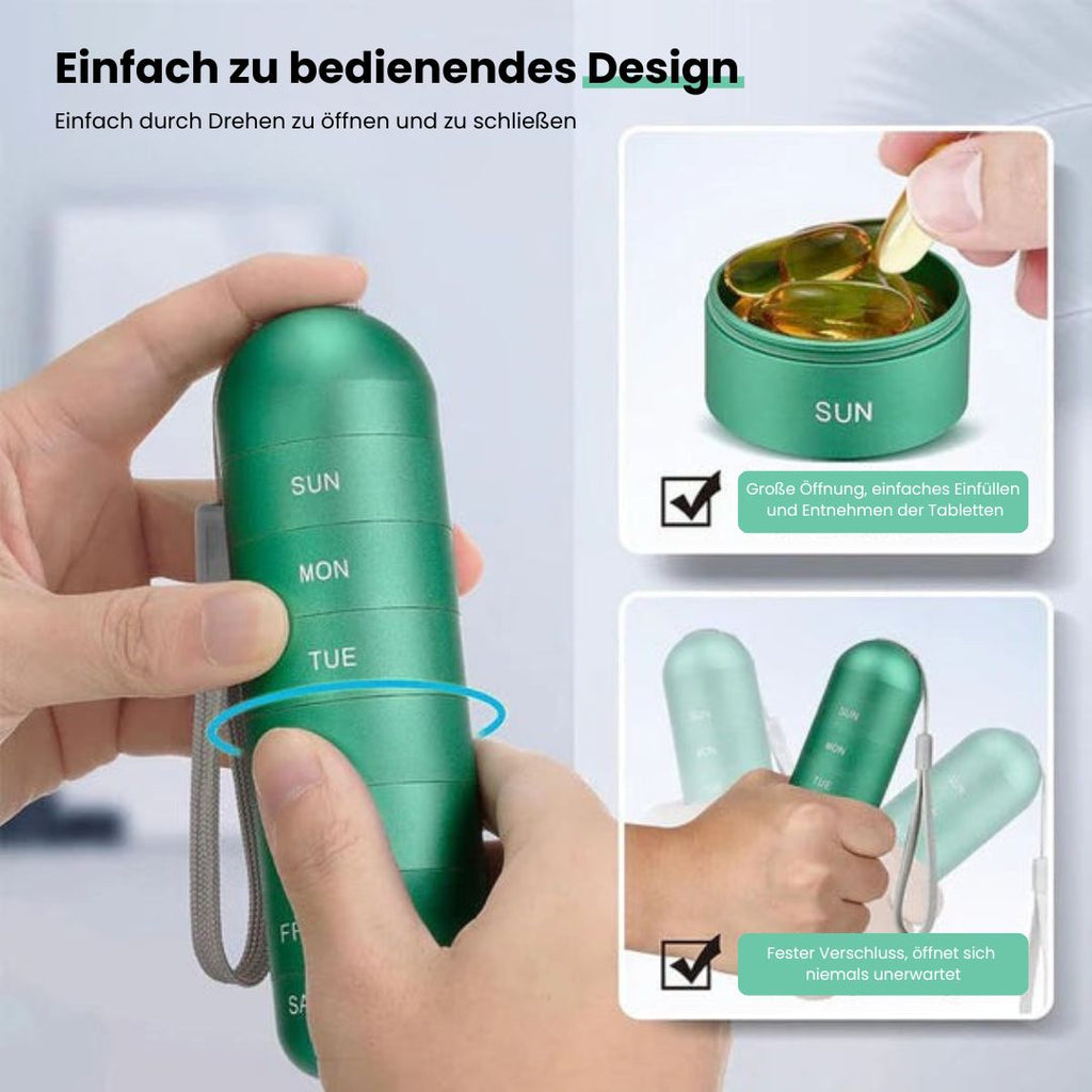 Seven-compartment aluminium pill box with daily labels and carry cord