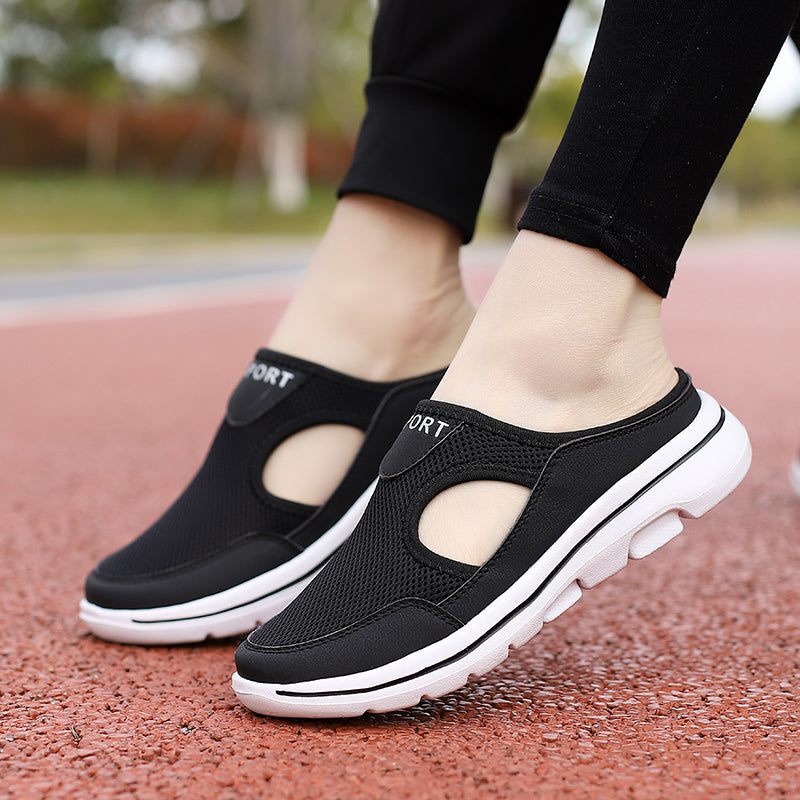 Backless slip-on flats with mesh-textured upper, side cutouts and thick textured sole
