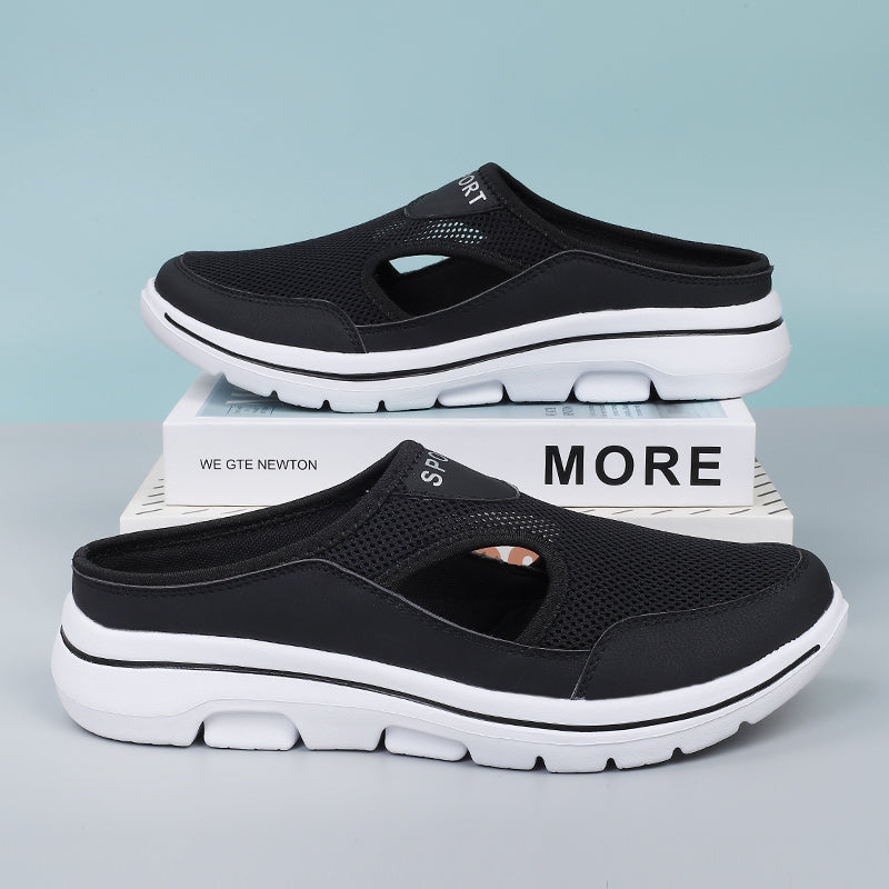 Backless slip-on flats with mesh-textured upper, side cutouts and thick textured sole