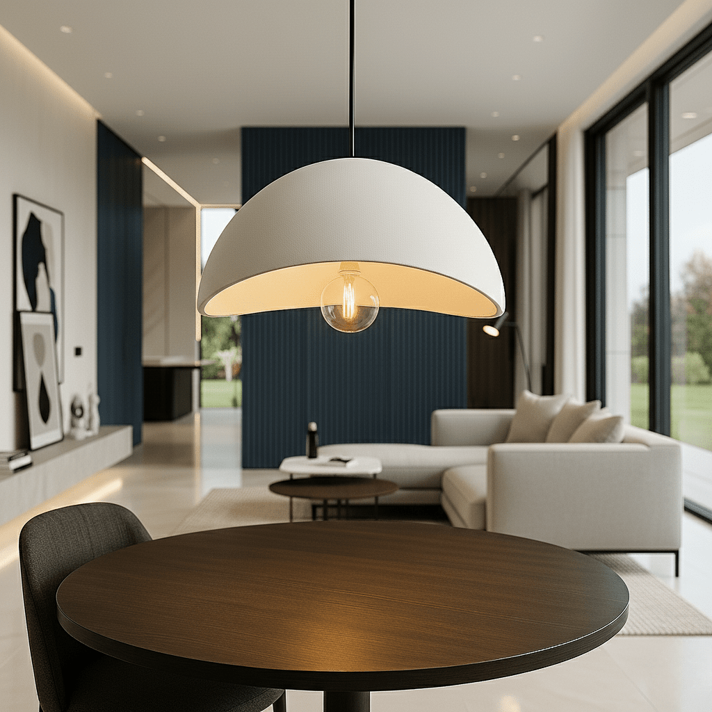 Curved dome pendant light with visible bulb suspended in a modern living room