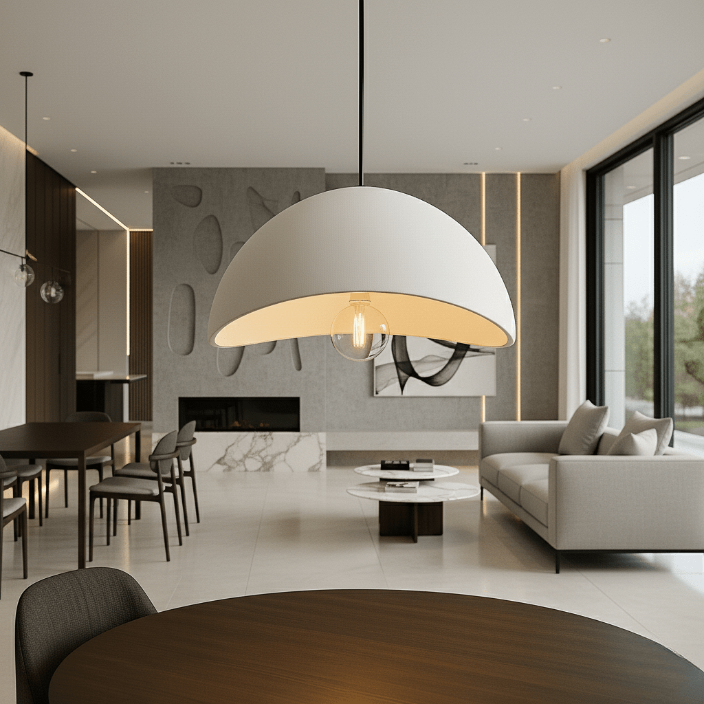 Curved dome pendant light with visible bulb suspended in a modern living room